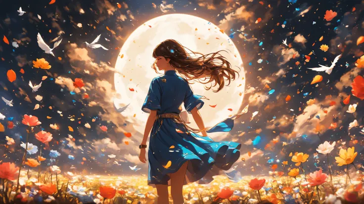 vetor arte, minimalista, a field of flowers, An old mill in the distance, textures, it appears as a shadow, In front of the majestic Moon, The wind causes flower petals to fly, giving a mystical air to the scene, In the foreground, The shadow of a girl, Wa...