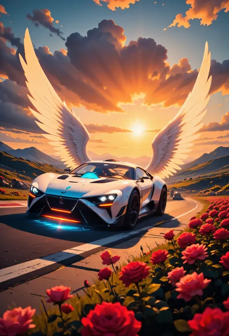 there is a white racing car on a race track, the car has white angel wings, roses along the track, the sun is setting behind the car, zavy-ctcmcs, w1n