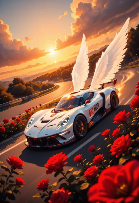 there is a white racing car on a race track, the car has white angel wings, roses along the track, the sun is setting behind the car, zavy-ctcmcs, w1n