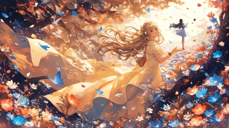 vetor arte, minimalista, a field of flowers, in the distance a tree bent by the wind, it appears as a shadow, In front of the majestic Moon, The wind causes flower petals and tree leaves to fly, giving a mystical air to the scene, In the foreground, The sh...