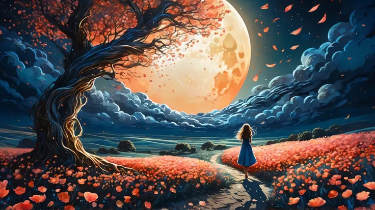 vetor arte, surreal, a field of flowers, in the distance an old tree, textures, it appears as a shadow, In front of the majestic Moon, The wind causes flower petals to fly, giving a mystical air to the scene, In the foreground, The Shadow of a Girl, watche...