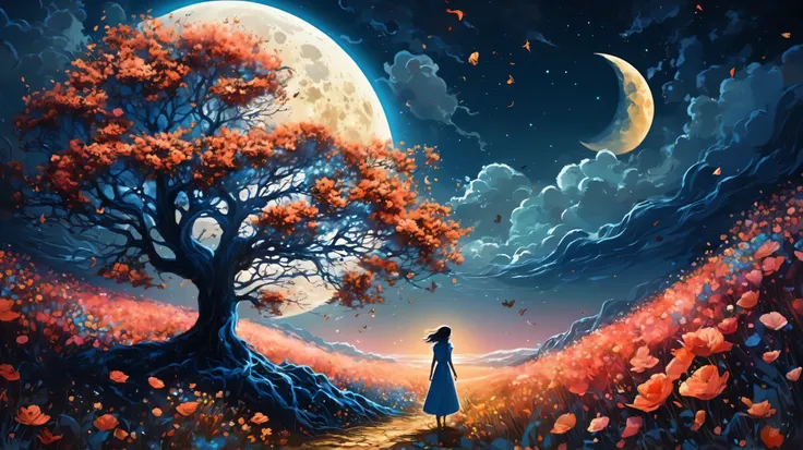 vetor arte, surreal, a field of flowers, in the distance an old tree, textures, it appears as a shadow, In front of the majestic Moon, The wind causes flower petals to fly, giving a mystical air to the scene, In the foreground, The Shadow of a Girl, watche...