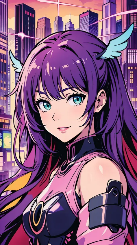 A masterpiece of manga stylization(1)...「Lonely portrait of a winged angel girl」。Surrounded by vibrant colors、The cityscape is the background。Angel Girl is dressed in cyberpunk streetwear with neon accents.、Red and green eyes sparkling、Cute pink lips are h...