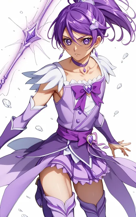 score 9 、score 8 up、score 7 up、source anime、masterpiece、Best Quality、high resolution、anime coloring、1boy、cure sword、(male:1.olo、boy in purple dressの漫画の画像、Boy with short purple hair、 With Sparkling Purple Eyes 、high short ponytail hair、spade shape hair orna...