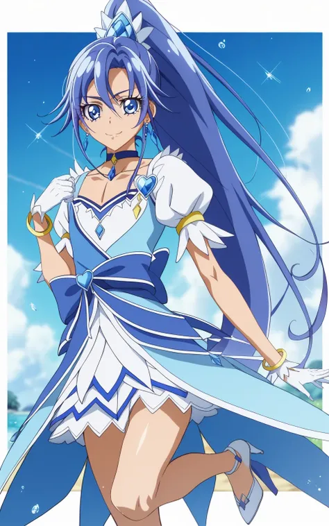 score 9 、score 8 up、score 7 up、source anime、masterpiece、Best Quality、high resolution、anime coloring、1boy、cure diamond、(male:1.olo、Close up of a cartoon boy in a blue dress、 Boy with long blue hair、 With Shining Blue Eyes 、high long ponytail hair、dia shape ...