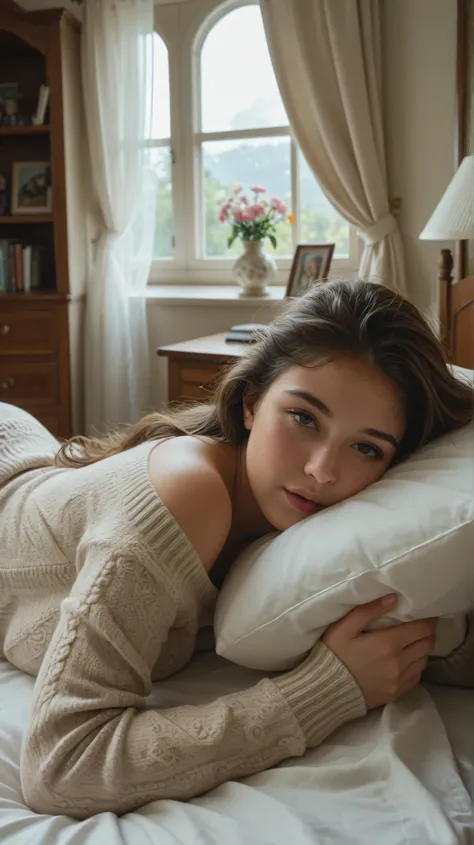 28-year-old Korean woman with long dark brown hair and delicate white skin, The Woman is, lying on her side, still surrounded by the soft sheets that fit Her body. His hair is a bit messy, falling softly on the pillow. She wears a light strappy sweater, th...