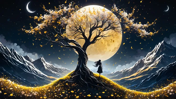 vetor arte, surreal, a field of flowers, in the distance an old tree, mountains, textures, it appears as a shadow, In front of the majestic crescent Moon, The wind causes flower petals to fly, giving a mystical air to the scene, In the foreground, The Shad...