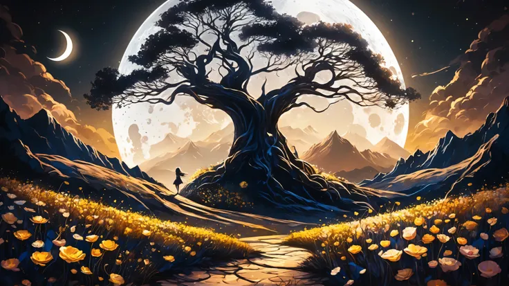 vetor arte, surreal, a field of flowers, in the distance an old tree, mountains, textures, it appears as a shadow, In front of the majestic crescent Moon, The wind causes flower petals to fly, giving a mystical air to the scene, In the foreground, The Shad...