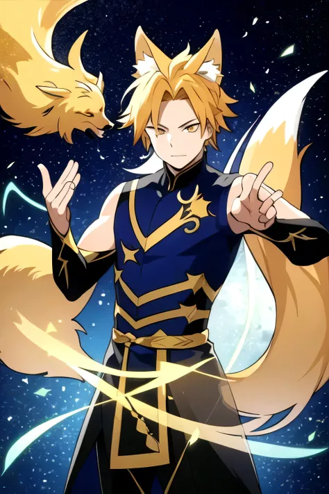 [High Quality] male, blond hair, Mechon with a black ray, nine-tailed fox, transparent tails with yellow glitter, bottom: space, long yellow Japanese costume with glitter and transparent fabric, floating in the air, Transparent tails ghosts, pose elegant, ...