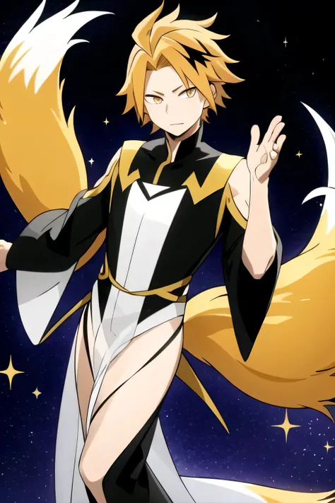 [High Quality] male, blond hair, Mechon with a black ray, nine-tailed fox, transparent tails with yellow glitter, bottom: space, long yellow Japanese costume with glitter and transparent fabric, floating in the air, Transparent tails ghosts, pose elegant, ...