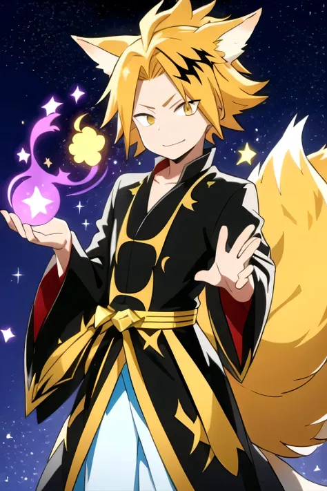 [High Quality] male, blond hair, Mechon with a black ray, nine-tailed fox, transparent tails with yellow glitter, bottom: space, long yellow Japanese costume with glitter and transparent fabric, floating in the air, Transparent tails ghosts, pose elegant, ...