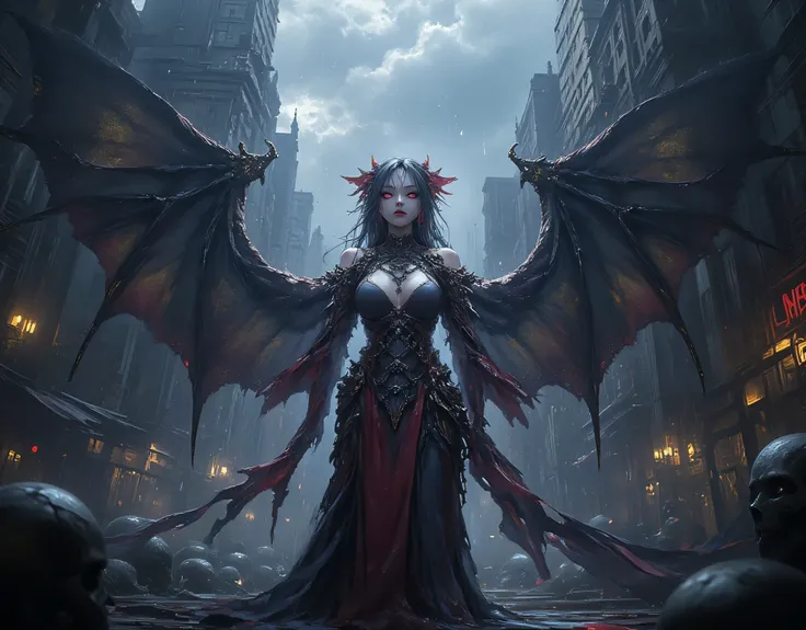 High Resolution, Masterpiece, Accurate, Anatomically Correct, Award Winning, Best Quality, HD, High Details, High Quality, Quality, Textured Skin, Super Detailed, UHD, From Below, 1girl, enermous bat Wings,rain, looking at sky, streetewear,Breasts, Large b...