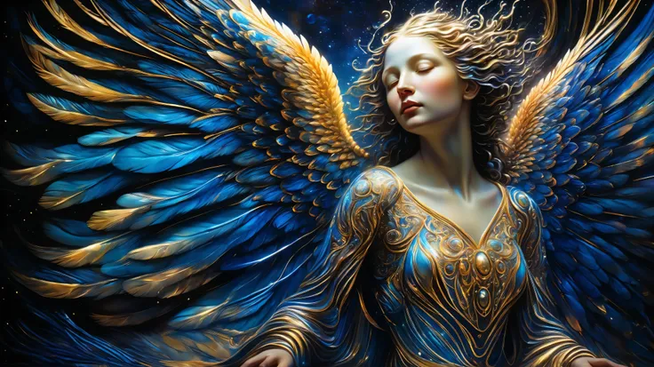 A majestic seraphim with flowing striped wings, each feather intricately patterned with glowing celestial stripes, floating in a surreal, ethereal space filled with shimmering particles and soft light. The background features a blend of deep blues and gold...