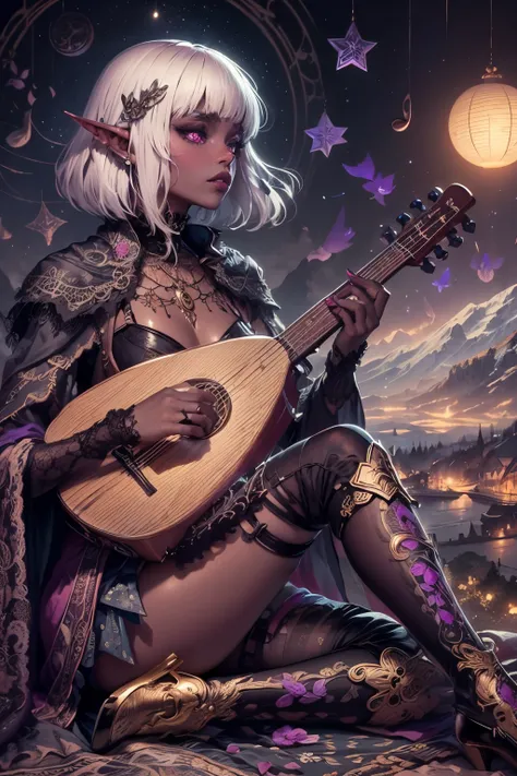 (Ultra-detailed face, Looking Away, Gothic Illustration, Dark Tone Colors.) , BREAK 
(In a nighttime garden with a view of beautiful mountains in the distance in medieval Europe, a female dark elf bard sits on a Persian carpet in the garden and plays a lut...