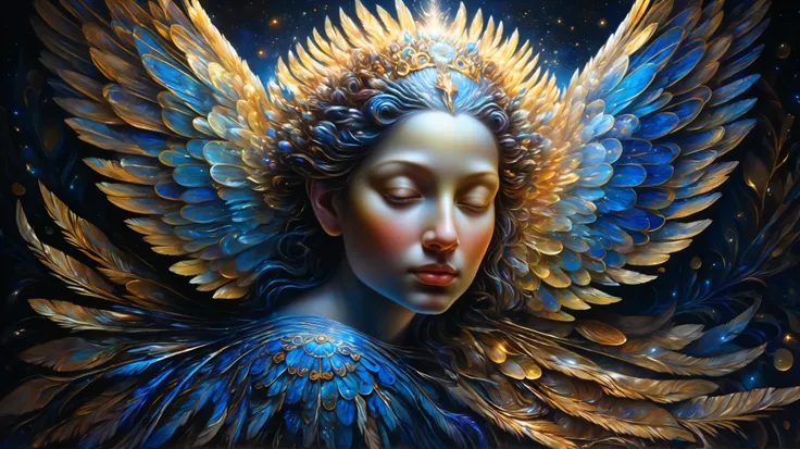 A majestic seraphim with flowing striped wings, each feather intricately patterned with glowing celestial stripes, floating in a surreal, ethereal space filled with shimmering particles and soft light. The background features a blend of deep blues and gold...