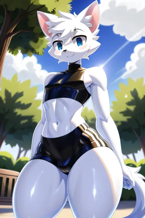 (masterpiece), high resolution, boykisser, boy, white fur, feline, (very thick thighs), (very wide hips), short spandex shorts, outside, park, lubricated skin, reflective skin, (slick body), reflective body, standing in shadow, small waist, small, crop top...