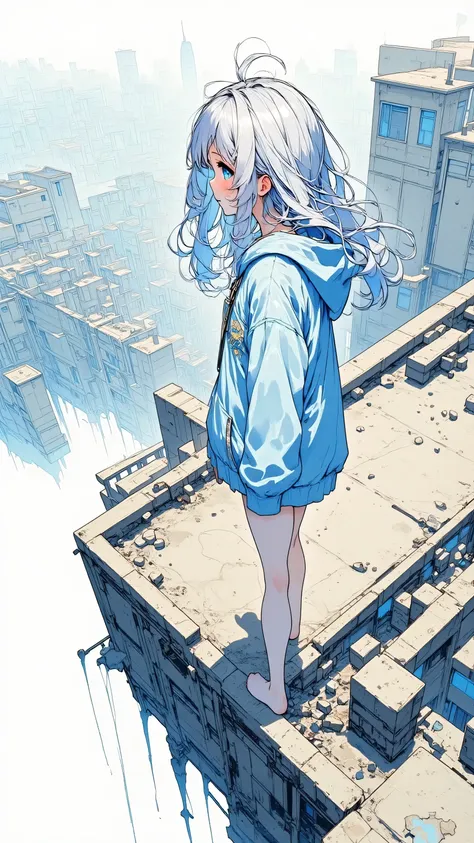 A silver-haired girl in a blue hoodie stands on the edge of a collapsed building rooftop, viewed from a high angle. Her hair flutters in the wind as she gazes down at the distant city beneath a pale sky. Cracked concrete, broken wires, water dripping. Nost...