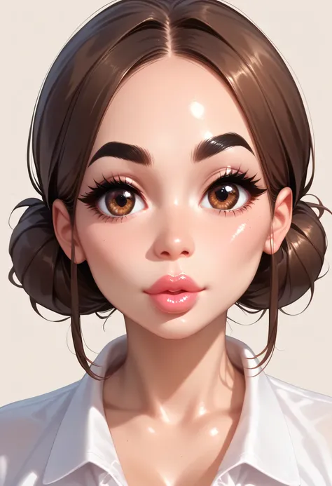 simple background, looking at viewer, perfect face, hair low bun, slick brown hair, black eyebrows, natural eyebrows, big eyes, brown eyes, thick lips, beautiful woman, (perfect large breasts), white v-neck shirt