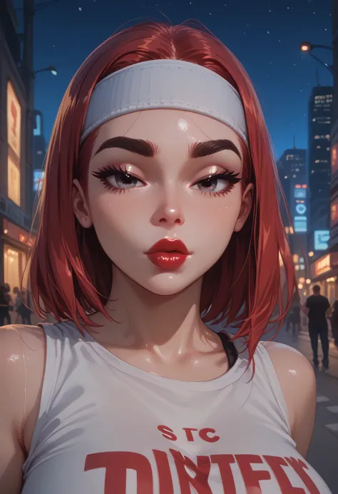 night sky, city street, perfect face, straight hair, lightest red hair, white headband, black eyebrows, thick eyebrows, black eyelashes, black eyeshadows, black eyeliners, closed eyes, bright red lips, thick lips, kiss lips, beautiful woman, white tank top