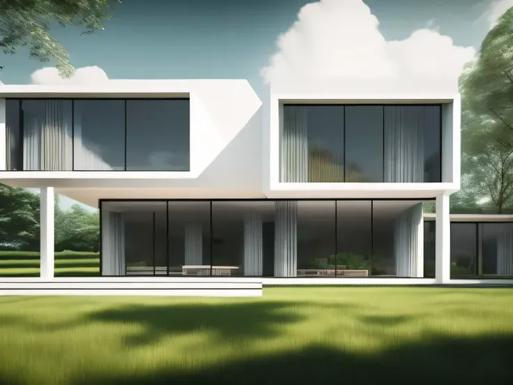 Ultra-realistic countryside house, two-story building, floor-to-ceiling windows, minimalist design, modern architecture, sharp clean lines, short trimmed lawn, natural surroundings, soft lighting, cinematic render, high detail, vibrant colors, photorealist...
