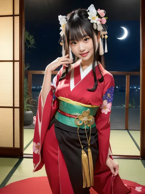 (springの日本家屋内)))(((traditional sitting room)))(((Luxurious Japanese-style room )))(((A dim Japanese-style room at night 3.0)))(((illuminated by moonlight)))(((spring)))、(((best image quality、highest resolution、greatest masterpiece、8k)))、(((Detailed Faces))...