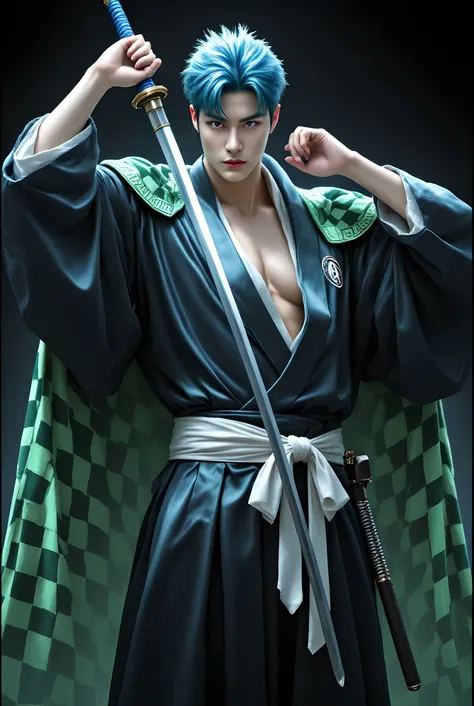 Create a photo-realistic image of a muscular samurai warrior standing confidently. He has vibrant blue hair and piercing eyes, exuding an intense and determined aura. His attire consists of a dark, flowing kimono with intricate green checkered patterns on ...