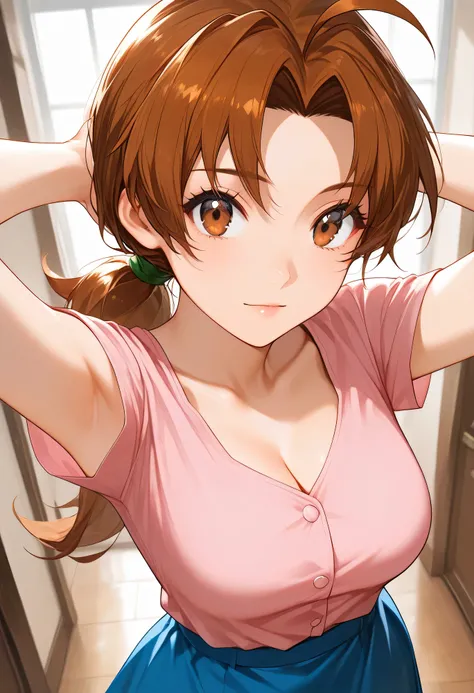 score_9, score_8_up, score_7_up, source_anime,
deliaketchum, deliaketchum, brown hair, brown eyes, parted bangs, ahoge, ponytail, low ponytail,
shirt, pink shirt, short sleeves, skirt, blue skirt, long skirt,
indoors,
looking at viewer, cowboy shot, dutch ...