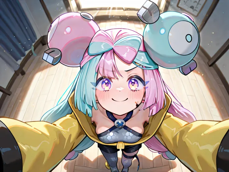 Iono (Pokémon Scarlet e Violet), young girl, ((((Just 1 Iono)))), medium breasts, Very long hair, twintails,  bicolor hair, light blue and pink hair, two-toned eyes, pink and blue eyes, (((rays in the irises))),  very happy expression , (((focus on the fac...