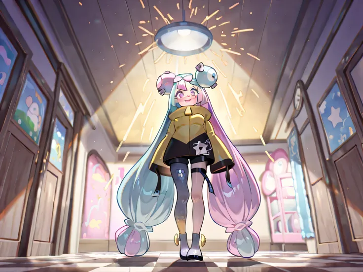 Iono (Pokémon Scarlet e Violet), young girl, ((((Just 1 Iono)))), medium breasts, Very long hair, twintails,  bicolor hair, light blue and pink hair, two-toned eyes, pink and blue eyes, (((rays in the irises))),  very happy expression , extremely detailed ...