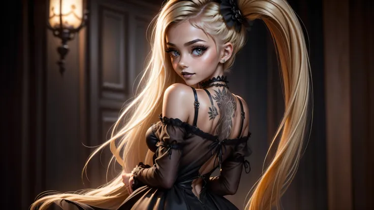 ((1 girl, solo)), ((one goth girl standing with her back toward you)), nude except for an see-through baby-doll lingerie posing for a picture, ((dark makeup, black lips)), sydney sweeney, dark tan, smiling, skinny, petite, 18 years old, long blonde hair an...