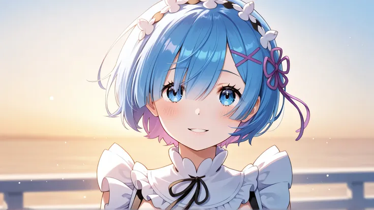 Rem de re:Zero smiling kindly at the viewer with a cute and sweet look showing off her beautiful body short hair