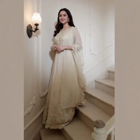 Create Image a low quality phone photo of a 21 years old young woman with an oval-shaped face, long wavy dark brown hair, and brown eyes dressed in an elegant, flowing cream-colored traditional Indian outfit with gold embellishments, standing gracefully ag...