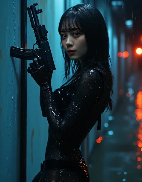 (((On a rainy night with a downpour:2.0))),(((HR Gigger style cyberpunk atmosphere:2.0))),(((Hold 2 Cyberpunk-style MP5 submachine guns:2.0))),(( pointing a muzzle at the viewer :2.0)),standing,((full body:2.0)),one woman,(cute face:2.0),(Beautiful well-ba...