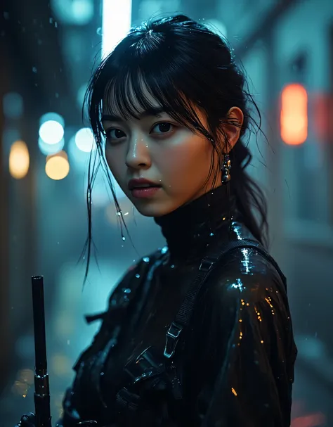 (((On a rainy night with a downpour:2.0))),(((HR Gigger style cyberpunk atmosphere:2.0))),(((Hold 2 Cyberpunk-style MP5 submachine guns:2.0))),(( pointing a muzzle at the viewer :2.0)),standing,((full body:2.0)),one woman,(cute face:2.0),(Beautiful well-ba...