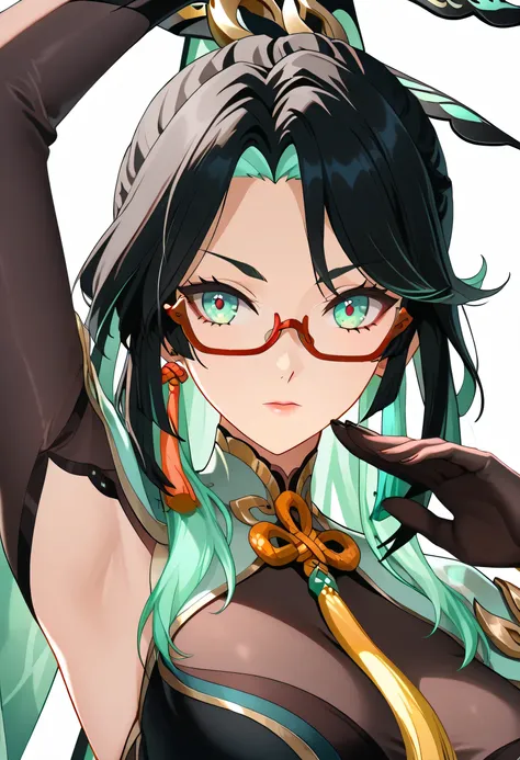 official art,official style,anime screencap,solo,1girl, xianyun, glasses, red-framed eyewear, large_breasts, semi-rimless eyewear, tassel earrings, bodystocking, long_sleeves, Close up, Armpit, fighting pose
