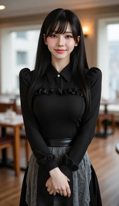 a woman, standing upright in the dining room, body facing front, Eyes looking at the camera, both hands folded together, uses black long sleeve waiter uniform, long skirt in black , lacy long to toe apron of white color, big , black bob model shoulder-len...