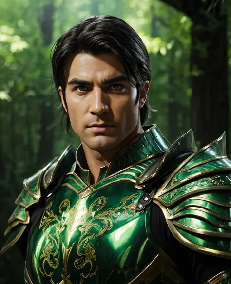 A General, he has brown eyes and black hair. He is wearing full green armour. Realistic with cinematic vibe.