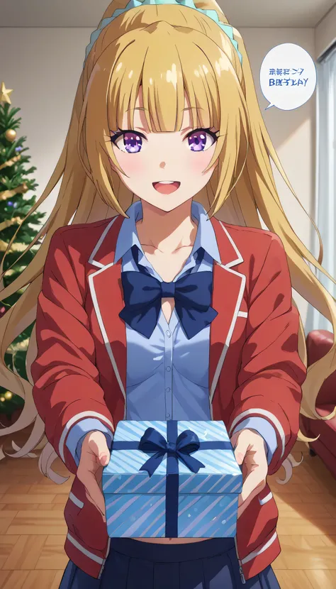 score_9, score_8_up, score_7_up, source_anime, kei karuizawa, long hair, bangs, blunt bangs, purple eyes, blonde hair, shirt, hair ornament, ponytail, scrunchie, blue scrunchie, skirt, shirt, bow, school uniform, jacket, red jacket, pleated skirt, bowtie, ...