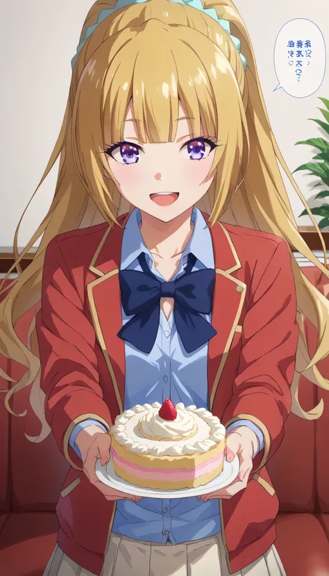 score_9, score_8_up, score_7_up, source_anime, kei karuizawa, long hair, bangs, blunt bangs, purple eyes, blonde hair, shirt, hair ornament, ponytail, scrunchie, blue scrunchie, white skirt, shirt, bow, school uniform, jacket, red jacket, pleated skirt, bo...