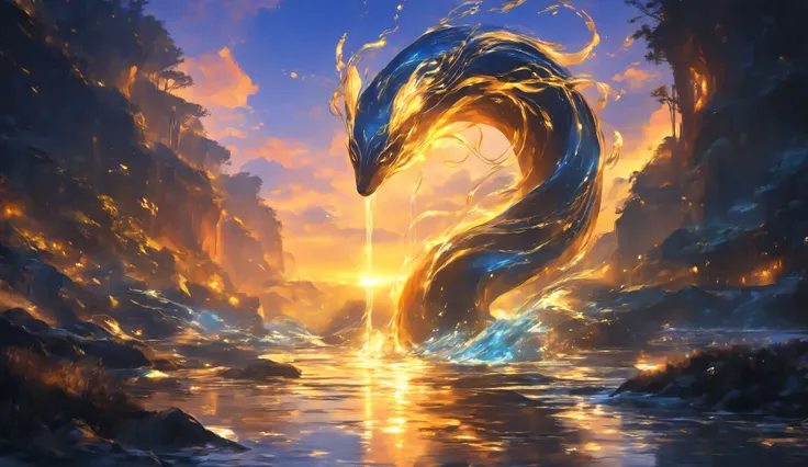 A serene river spirit emerging from the water, with flowing striped patterns resembling the surrounding aquatic life. The scene is set at dusk, with the warm sun casting a golden glow on the water. The style is impressionist, with soft brushstrokes and nat...