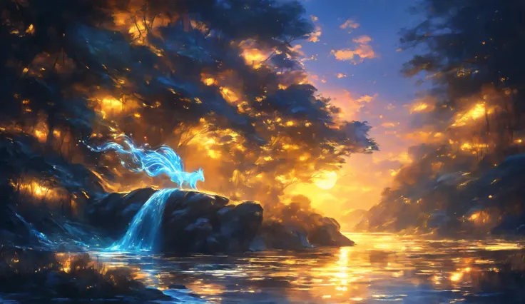A serene river spirit emerging from the water, with flowing striped patterns resembling the surrounding aquatic life. The scene is set at dusk, with the warm sun casting a golden glow on the water. The style is impressionist, with soft brushstrokes and nat...