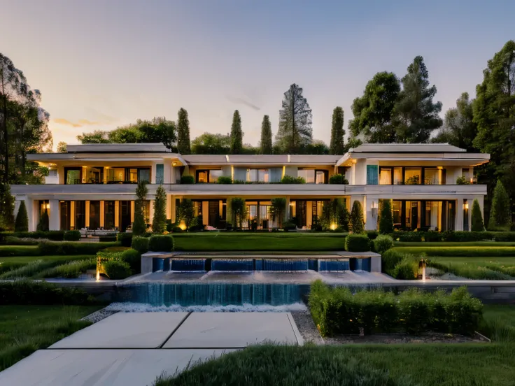 8k,4k ilumination, best quaility, Aesthetic far picture of a mansion, 5 acres of lands, big golden gate, big garden with lots of flowers and bushes, some orchards, a large pool, the big garage, (it's a modern mansion made of white oak and some hints of rus...