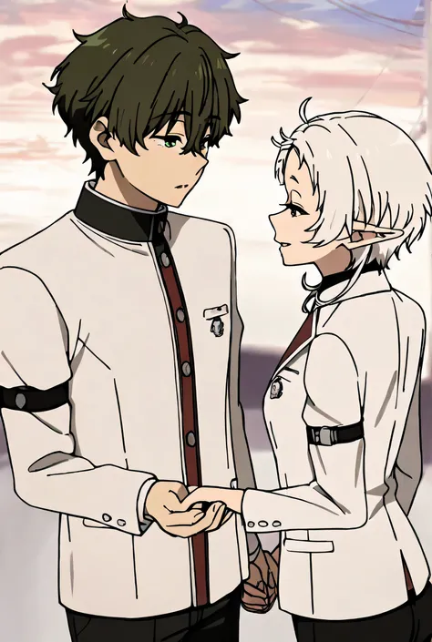 Oreki_Houtarou, SylphietteSchool, white jacket, long sleeves, arm belt, black belt, black pants, a boy, a girl, holding hands, boy on the left, girl on the right 