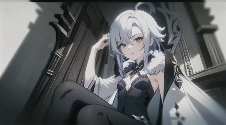 1girl, (solo), full shot, ((masterpiece)), gothic-style mansion, (shadow), [slim], (small breasts), (detailed), cinematic lighting, (textured skin), ((sharp focus)), ((very clear)), winter coat, leggings, shoes, palace, (throne:1.2), white hair, black hair...