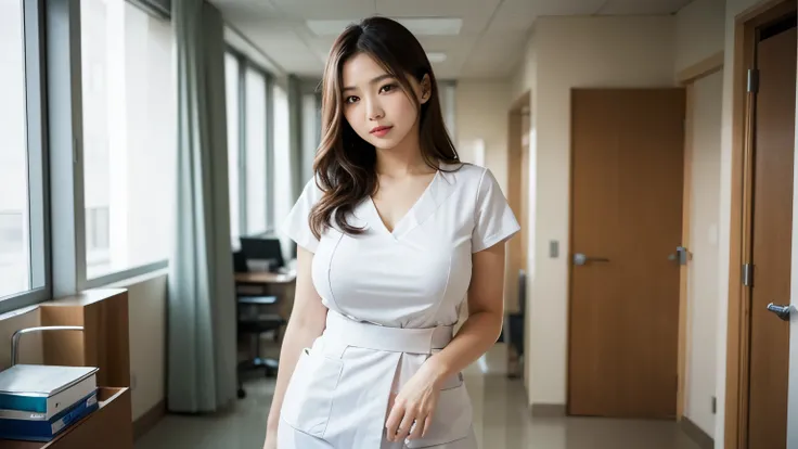 A stunning East Asian nurse, with large breasts and sexy clevelage with long, wavy brown hair stands elegantly in a hospital.