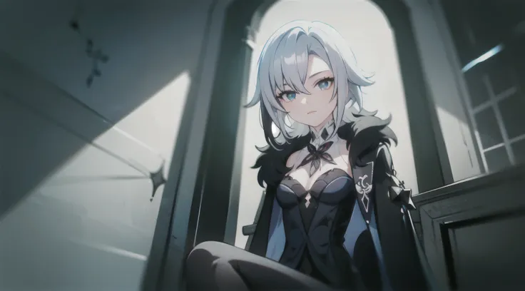 1girl, (solo), full shot, ((masterpiece)), gothic-style mansion, (shadow), [slim], (small breasts), (detailed), cinematic lighting, (textured skin), ((sharp focus)), ((very clear)), winter coat, leggings, shoes, palace, (throne:1.2), white hair, black hair...