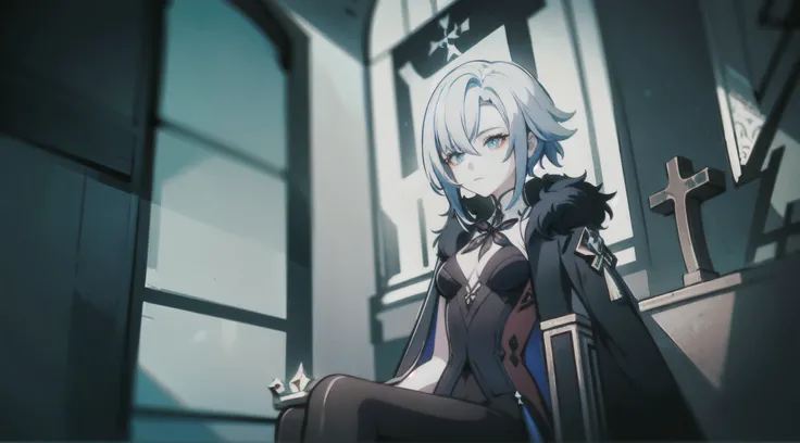 1girl, full body, (solo), ((masterpiece)), full shot, (shadow), [slim], (small breasts), low angle shot, (detailed), cinematic lighting, (textured skin), ((sharp focus)), ((very clear)), winter coat, leggings, shoes, palace, (throne:1.2), white hair, black...