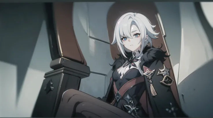 1girl, full body, (solo), ((masterpiece)), full shot, (shadow), [slim], (small breasts), low angle shot, (detailed), cinematic lighting, (textured skin), ((sharp focus)), ((very clear)), winter coat, leggings, shoes, palace, (throne:1.2), white hair, black...