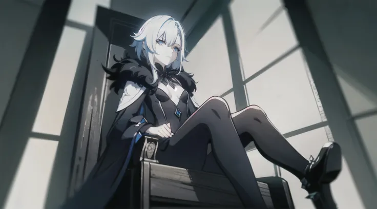 1girl, full body, (solo), ((masterpiece)), full shot, (shadow), [slim], (small breasts), low angle shot, (detailed), cinematic lighting, (textured skin), ((sharp focus)), ((very clear)), winter coat, leggings, shoes, palace, (throne:1.2), white hair, black...