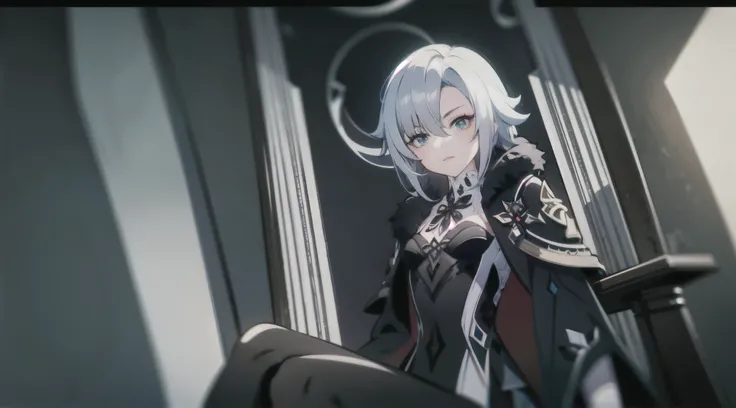 1girl, full body, (solo), ((masterpiece)), full shot, (shadow), [slim], (small breasts), low angle shot, (detailed), cinematic lighting, (textured skin), ((sharp focus)), ((very clear)), winter coat, leggings, shoes, palace, (throne:1.2), white hair, black...